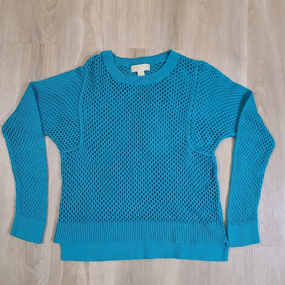 MICHAEL KORS Knit Aqua Marine Sweater Top Mesh Fishnet Nautical Turquoise Beach